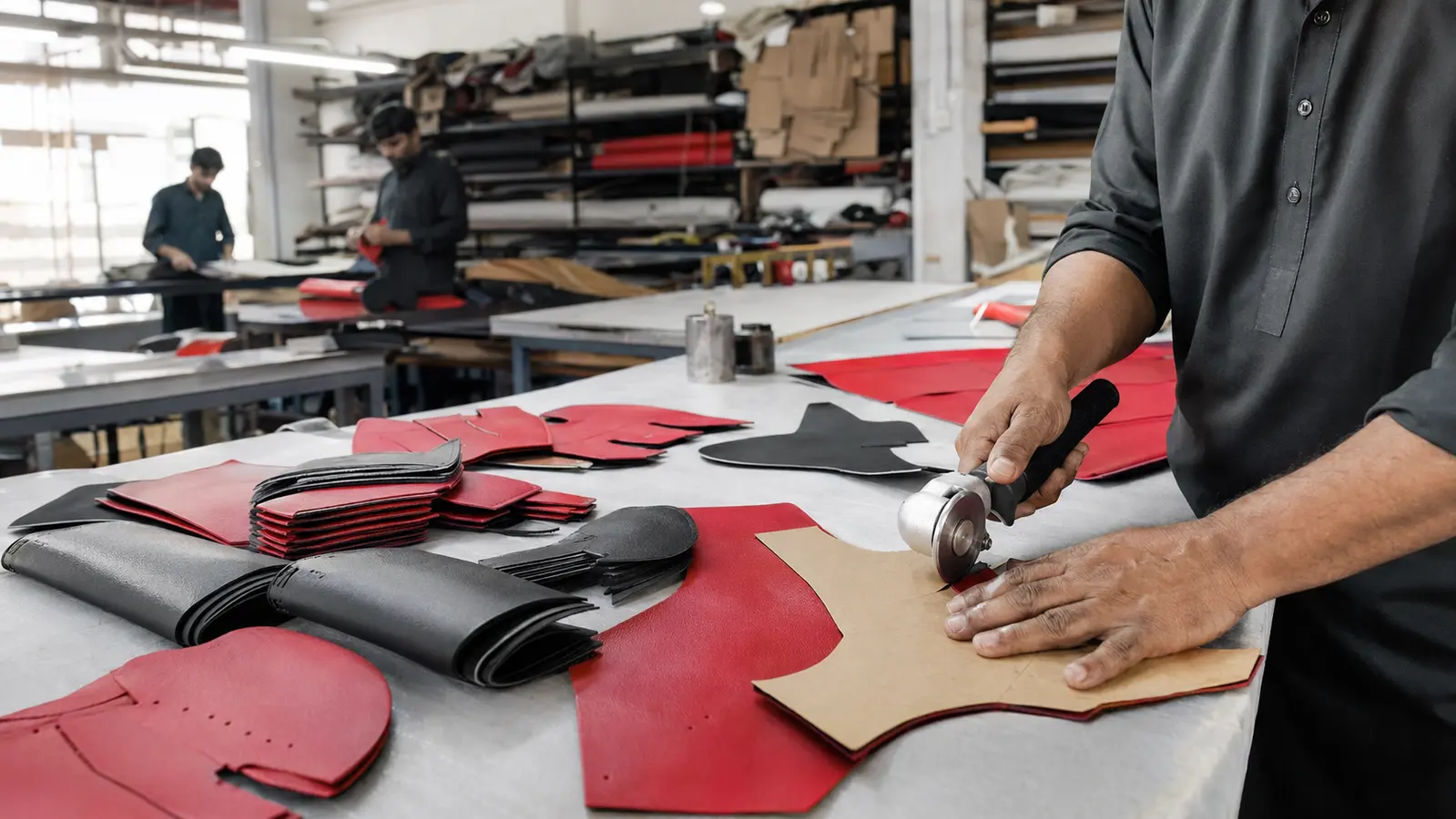 Leather panels being cut for boxing glove production