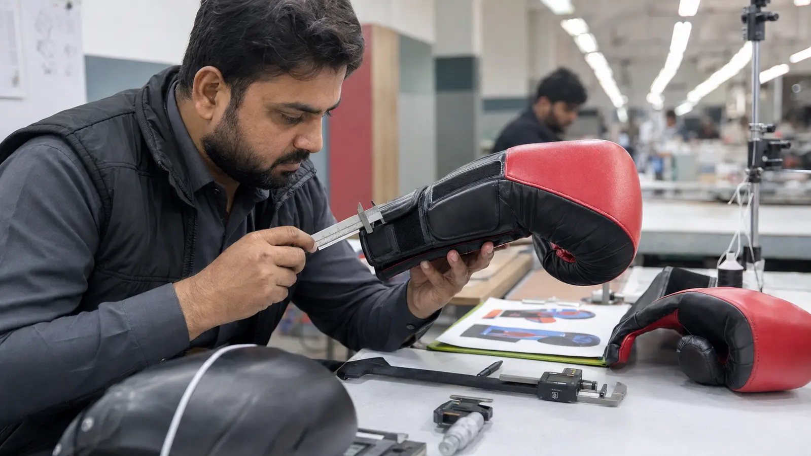 Finished boxing glove undergoing quality inspection