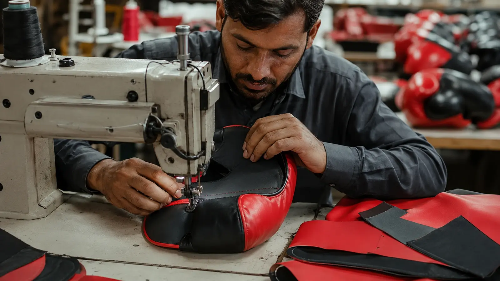 Boxing glove being stitched in the Naz Fightwear workshop